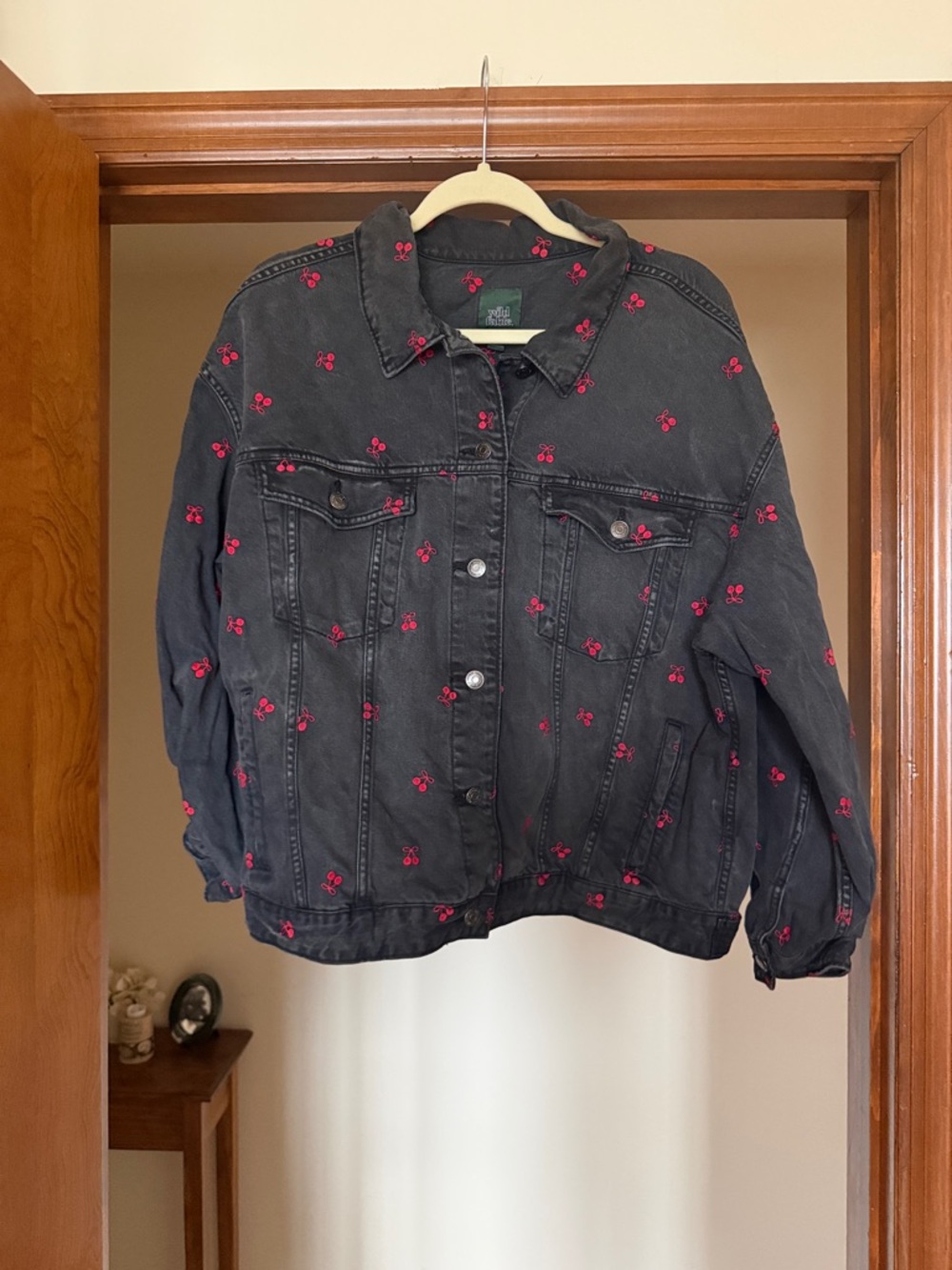 Dark Gray Denim Jacket with red Embroidered Cherry Motif